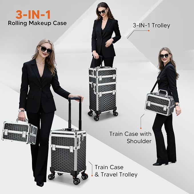 Professional Rolling Makeup Case, 3 in 1 Makeup Train Case, Cosmetology Case on Wheels, Large Makeup Trolley Salon Barber Traveling Trunk Suitcase for Makeup School Nail Tech Hairstylist MUA, Black - Image 2