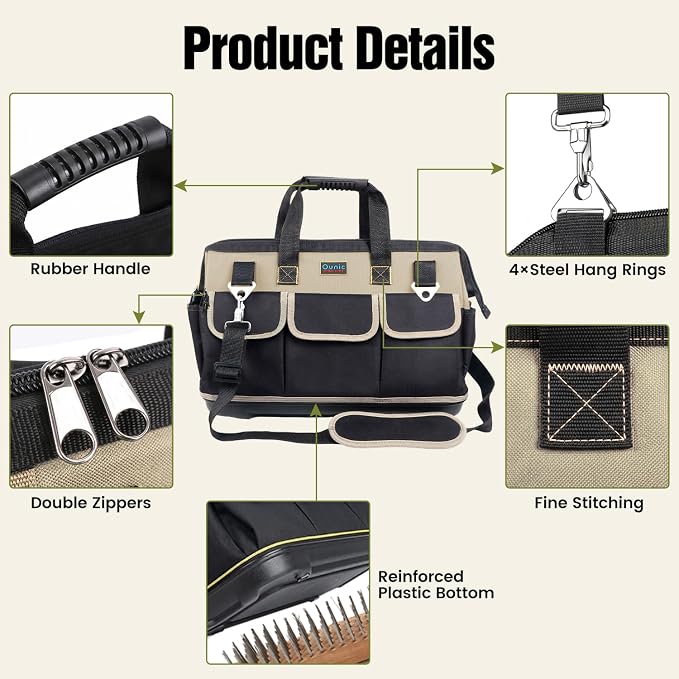 Tool Bag, Ounic 18 Inch Large Tool Tote Bag Heavy Duty With Waterproof Molded Base, Wide Mouth Tool Box Organizer with Adjustable Shoulder Strap for Electrician Mechanic Craftsman Plumbers(Coffee) - Image 4