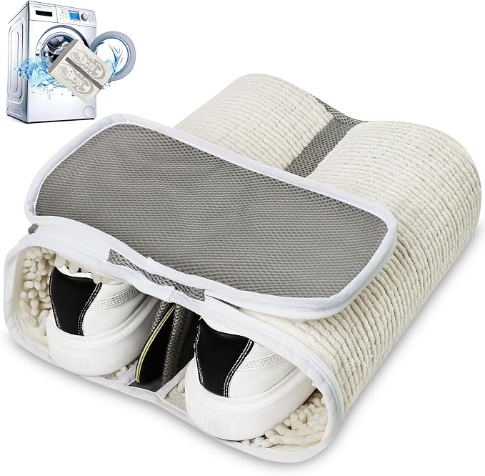 Shoe Washing Machine Bag, Dual Compartment Full Protection Laundry Shoe Bags for Washer with Clasp-Lock Zipper, Sneaker Cleaner Wash Bag for Tennis Shoes, Beige/Gray, 1-Piece by TadpoleJump