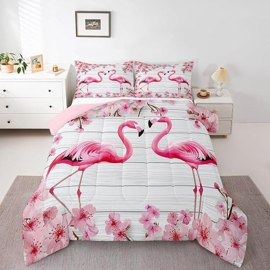 Erosebridal Flamingo Bedding Set King,Cherry Blossoms Comforter Set for Girls Boys Teens Women,Pink Tropical Bird Animal Comforter Flower Rustic Wooden Board Quilt Duvet Sets with 2 Pillow Cases by Erosebridal