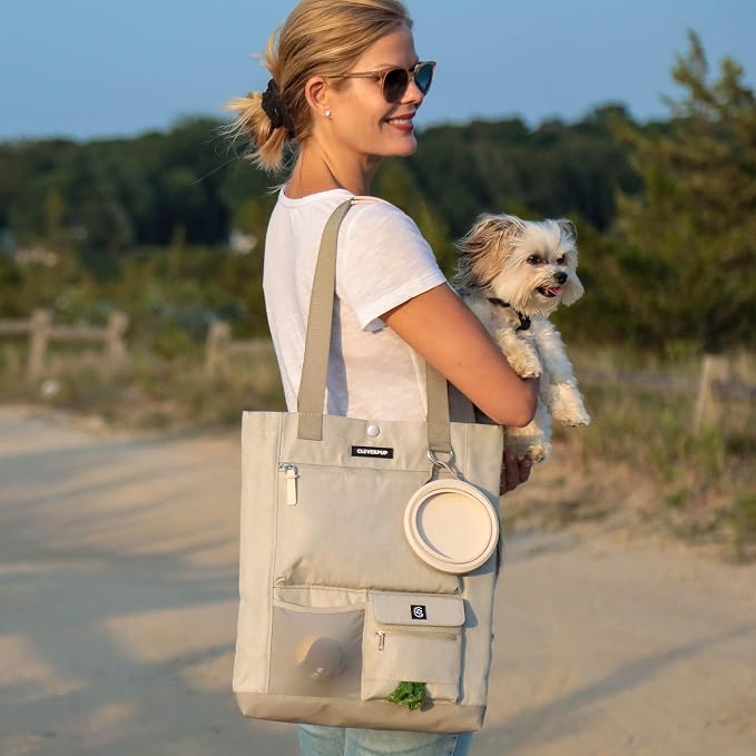 Cleverpup Park Pack 2-Piece Set Dog Gear Tote – Dog Travel Bag with 8 Pockets, Treat Pouch, Poop Bag Dispenser, Quick-Dry Ball Pocket, Collapsible Bowl, Perfect for Walks & Park Trips, Sand - Image 2