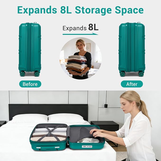 Kono Carry On Luggage Set Airline Approved with Spinner Wheels | Lightweight PC+ABS Carry On Suitcase with TSA Lock Durable Luggage Hardside Turquoise - Image 8