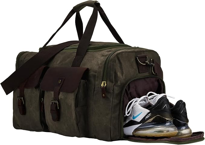 Waxed Canvas Duffel Bag with Shoe Compartment | Waxed Canvas Travel Bag for Men, Genuine Leather Trim, Shoe Compartment, Front Pockets, Weekend, Overnight and Carry-On Use - Image 3