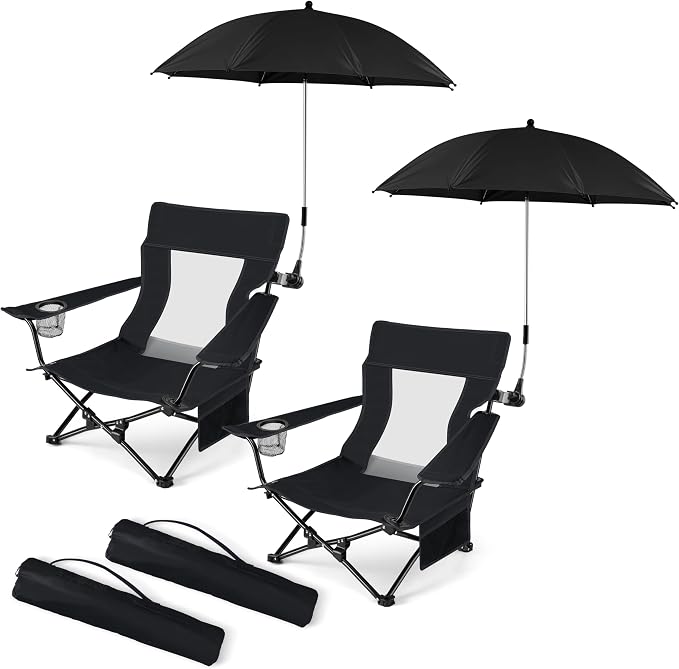 HaSteeL Low Beach Chair Set of 2, Foldable Black Camping Chair with Adjustable Umbrella Set for Adults, Lightweight Portable Lawn Chairs for Fishing, Picnic, Outdoor BBQ, Travel, Sports by HaSteeL