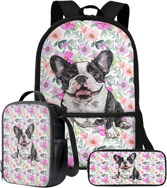 Retro Floral Bulldog Print Backpack Set Schoolbag Boys Girls Large Capacity Bookbag Lunch Box Pencil Case 17 Inch Travel Laptop Backpacks Rucksack Daypack with Zippered Pockets by ZIATUBLES