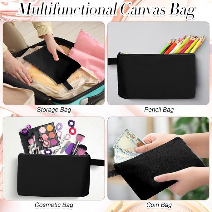 Reginary 60 Pcs Black Canvas Makeup Bag Bulk Portable Travel Cosmetic Pouch Versatile Blank Toiletry Bag with Zipper for Women DIY Craft Purse Pencil Case (9.8 x 5 x 2 Inch) - Image 5