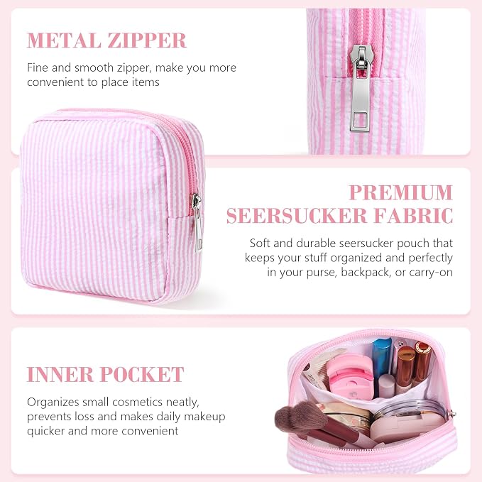 Giesiery 8 Pcs Seersucker Makeup Bags Striped Cosmetic Bags Bulk Organizer for Women Preppy Travel Toiletry Pouch for Wedding Bridesmaid Gifts (Pink, Mini) - Image 5