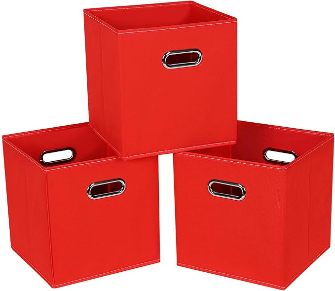 Fabric Cloth Storage Bins,Fabric Cube Bins Organizer with Dual Handles Foldable Cube Storage Baskets for Home Bedroom Storage,Set of 3,(Red) by SEVENDOME