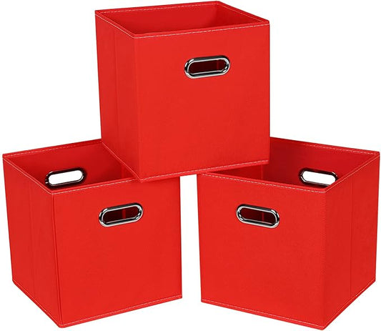 Fabric Cloth Storage Bins,Fabric Cube Bins Organizer with Dual Handles Foldable Cube Storage Baskets for Home Bedroom Storage,Set of 3,(Red) by SEVENDOME