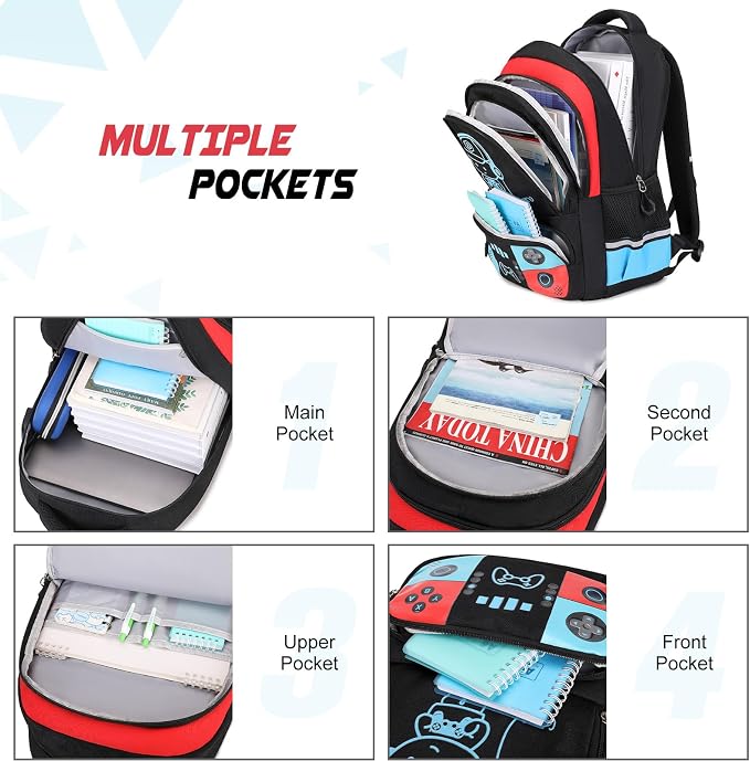 Bevalsa Backpack for School Boys,Cool Luminous Gamer Boys Backpacks with Wired Headphones Lunch Box Pencil Case,Kids Schoolbag for Kindergarten Elementary School(Red Blue Backpack with Headphones) - Image 4