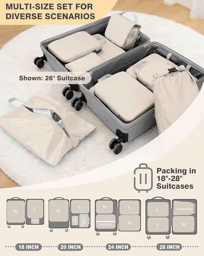 Gonex 10 Set Compression Packing Cubes, Expandable Storage Travel Bags for Suitcase, Luggage Organizers with Hanging Toiletry Bag Laundry Bag Shoe Bag Accessories Bag (Cream) - Image 6