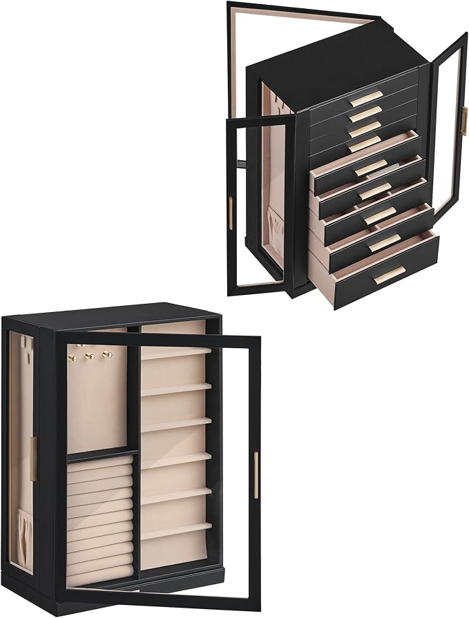 Glimmloop 360° Rotating Jewelry Box with 9 Drawers, Spacious Vertical Jewelry Organizer with Glass Window, Jewelry Storage Case, Dustproof & Moisture-resistant Design, Black - Image 7
