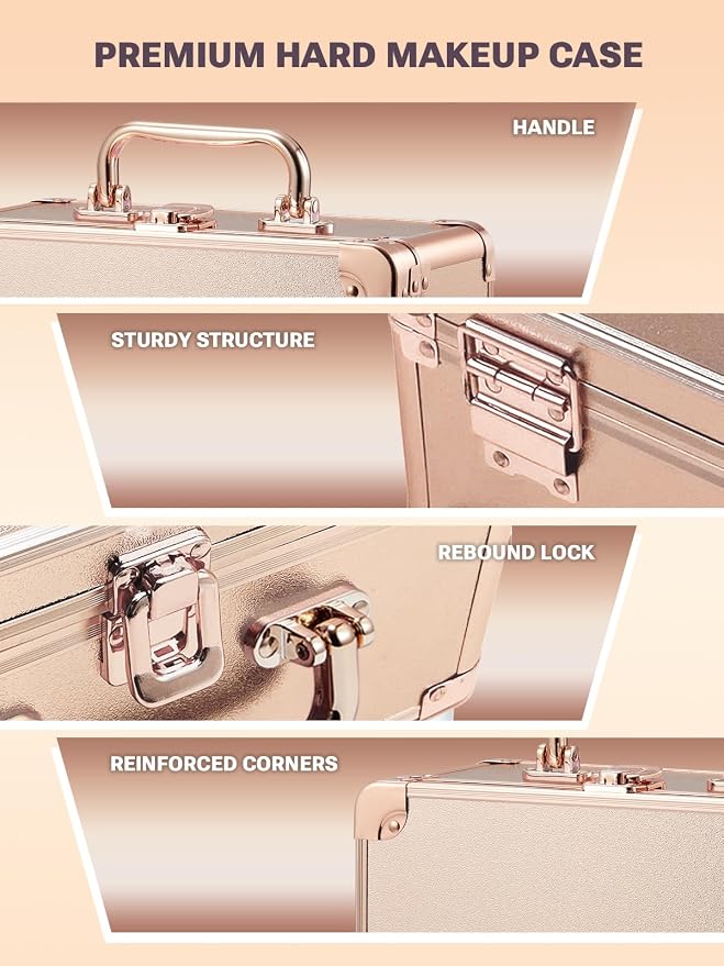 Qislee Makeup Box with A Detachable Lighted Mirror, Waterproof Travel Train Case, Cosmetic Organizer and Makeup Suitcase with Adjustable Dividers, Magnetic LED Mirror(Rose Gold) | Makeup Organizer, Cosmetic Travel Bag for Women, Adjustable Dividers, Br... - Image 4