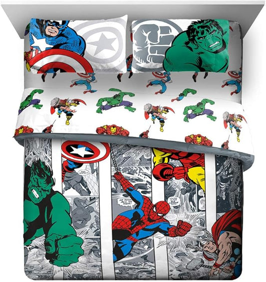 Marvel Comics Avengers Queen Comforter Set 7 Piece Soft Boys Bedding, Multi | Spiderman Hulk Captain America, Comforter Sheets Shams Pillowcases, Soft Microfiber, Machine Washable, Boys Gift by JayFranco