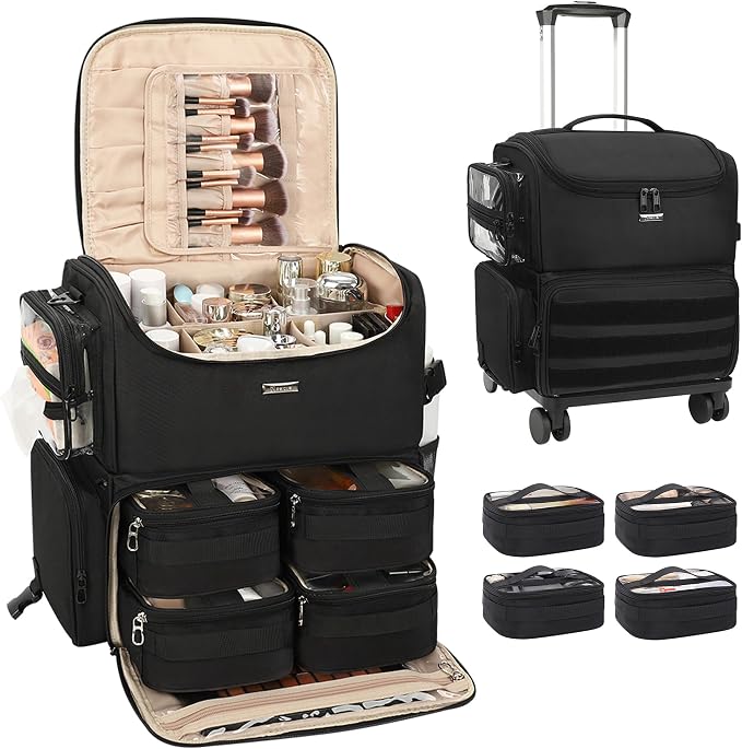 Relavel Rolling Makeup Case, Professional Makeup Artist Set Bag Cosmetic Organizer with 4 Clear Bags & Adjustable Dividers, Large Capacity Travel Train Case, Black by Relavel