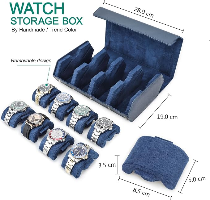 Hiram Genuine Leather Hexagon Watch Roll Travel Case, Leather 8-Watches Roll Case with Removable Pillow Cushion for Treasured Watches and Bracelets-Blue - Image 2