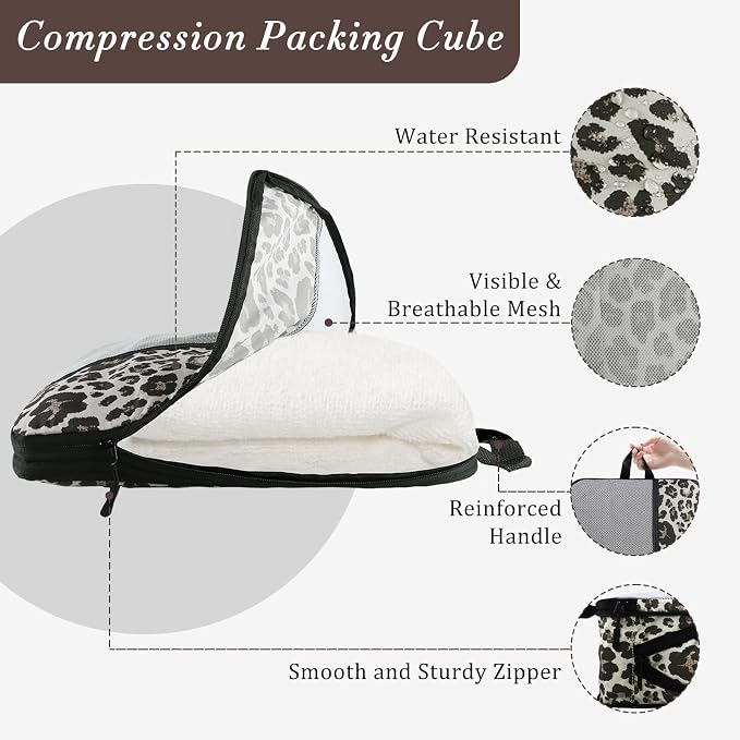U+U 6 Set Compression Packing Cubes - Travel Organizers with Laundry Bag, Space-Saving Suitcase Organizer, Expandable Packing Organizers for Travel Essentials (Leopard) - Image 2