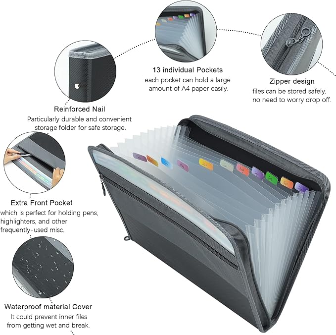NAFY Expanding File Folder, 13 Pockets Document Organizer with Zipper, A4 Letter Size Portable Accordion Expanding File Folders with 27pcs Multicolor Labels for Home Office School Supplies (Black) - Image 3