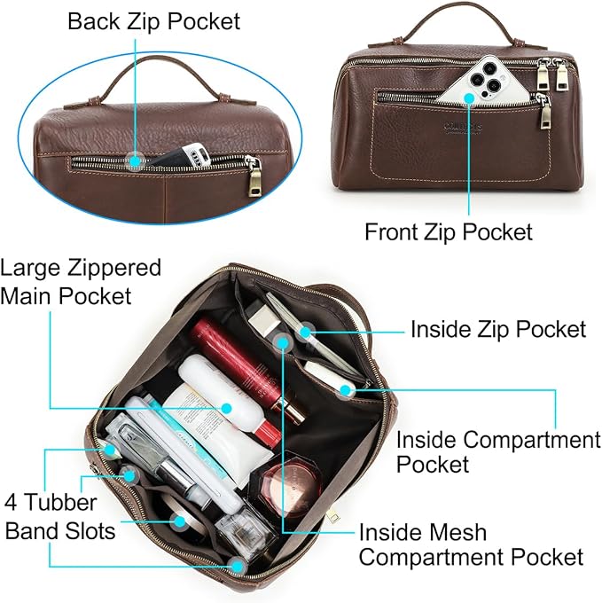 CONTACTS Full Grain Leather Travel Toiletry Bag for Men Large Wash Bag with Handle Bathroom Shaving Dopp Kit Toiletries Organizer Vintage Cosmetic Bag - Image 4