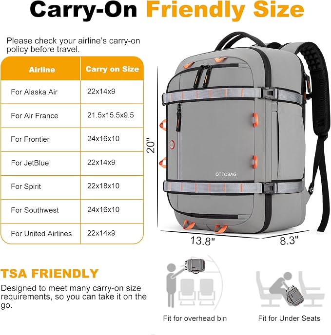 40L Travel Backpack 17.3" Laptop Carry On Duffel Flight Approved | TSA Approved, Wet & Dry Compartment, Water Resistant, Anti-Theft Pocket, Luggage Strap, USB Charging Port - Image 2