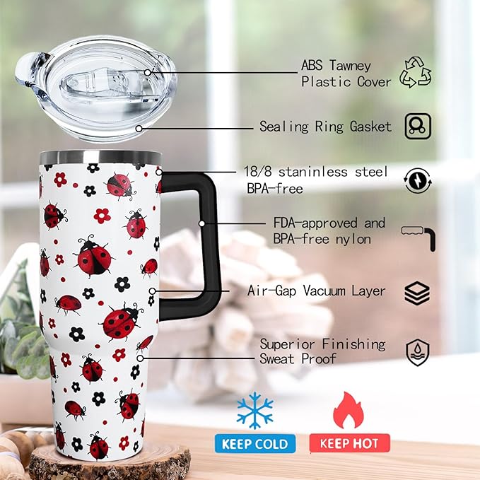 30 Oz Ladybug Tumbler With Handle,Ladybug Coffee Travel Mug Cup Water Bottle,Ladybug Decor,Ladybug Gifts for Women