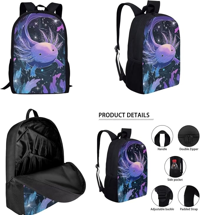 Purple Axolotl Backpack for School Girls 3rd Grade Preppy Ocean Kids Bookbag with Lunch Box Set 4PCS Elementary Student Back Pack Lunchbox Pencil Case Water Bottle Holder Preschool Book Bag - Image 2