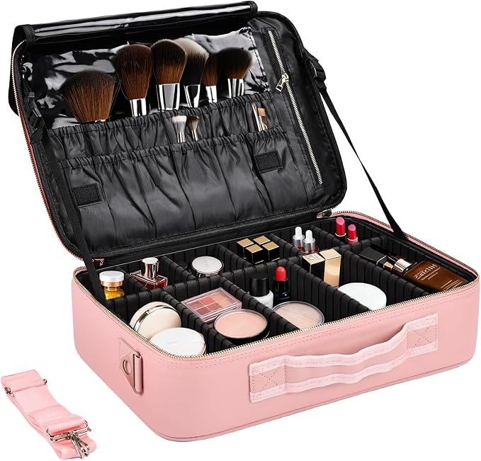 Large Travel Makeup Case, Professional Makeup Train Case Organizer for Women, Cosmetic Brush Bag Holder Waterproof Makeup Artist Storage Box with Adjustable Dividers and Shoulder Strap, Leather Pink by Greenfeather