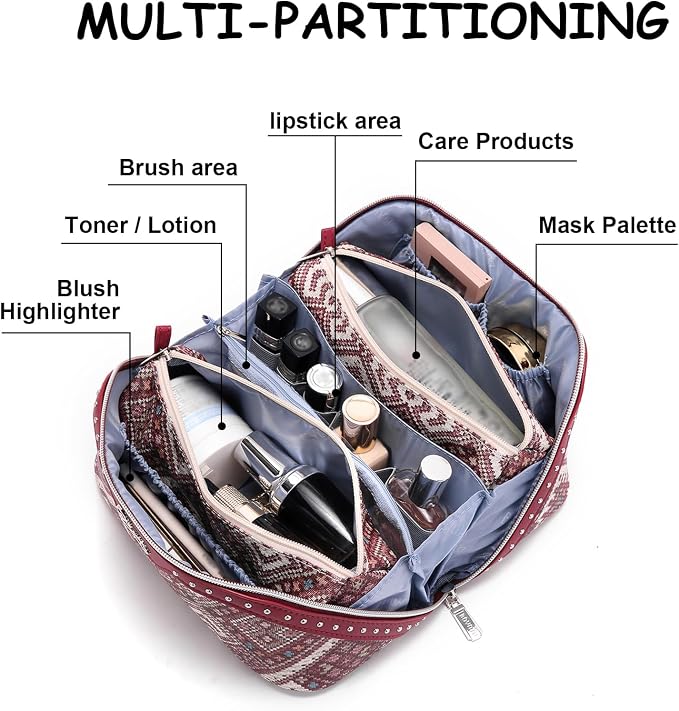 BOYATU Travel Makeup Bag Organizer: Boho Large Capacity Cosmetic Bag Sets | 3Pcs Waterproof Leather Toiletry Bags | 180°Open Flat Make up Case with Compartments | Western Travel Essentials for Women - Image 3