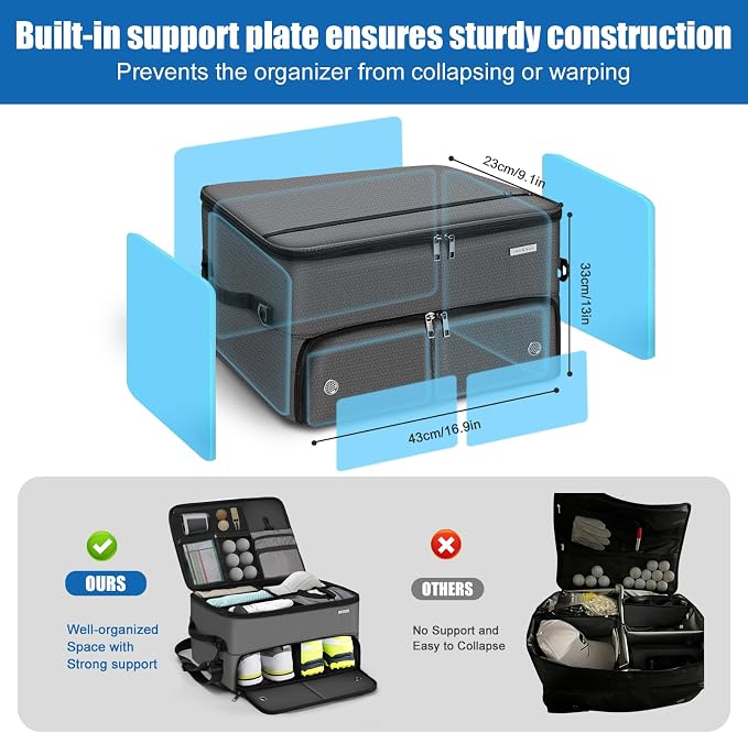 Golf Trunk Organizer for Car SUV with Shoe Compartment & Divider | 2-Layer Golf Storage Bag for Balls, Tees, Accessories | Waterproof Golf Locker Gift for Men, Dad, Golfers - Image 4