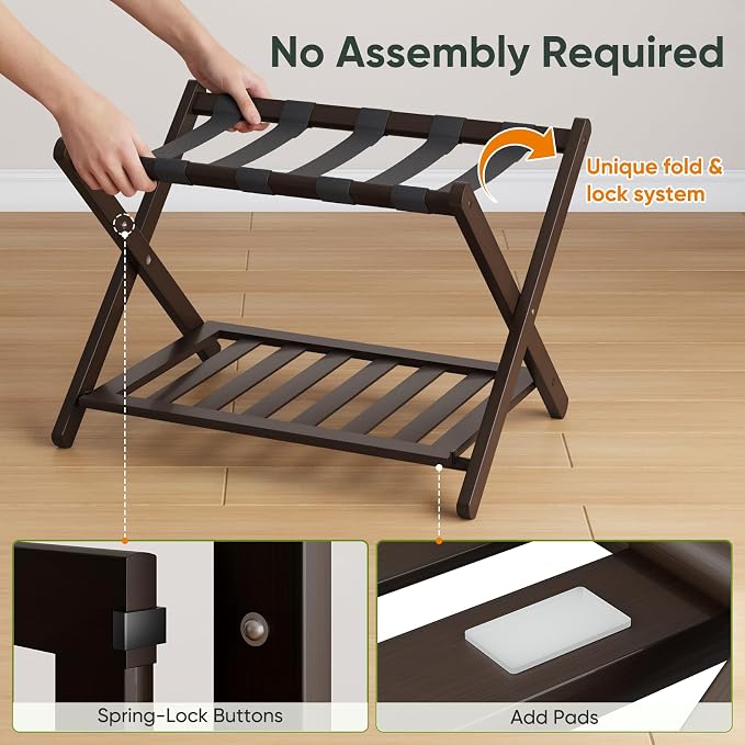 Smart FENDEE 2 Packs Fully Assembled Espresso Bamboo Luggage Racks, Folding Suitcase Stand with Shoe Shelf, 5 Nylon Straps, Heavy Duty Luggage Stands Ideal for Guest Room, Bedroom, Hotel - Image 3