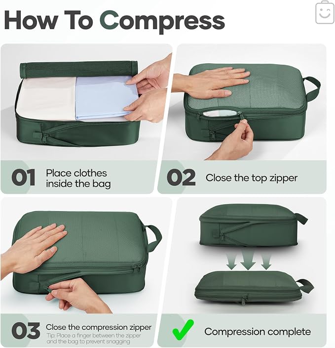 Veken 9/11 Set Compression Packing Cubes for Travel Essentials,Compressible Expandable Luggage Suitcase Organizer Bags with Garment Bag,Space Saver Bags with Over 1000 pcs of Mesh Holes(Dark Green) - Image 3