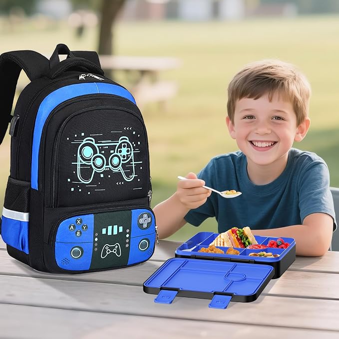 Bevalsa Backpack for Boys with 43OZ Bento Lunch Box,Insulated Lunch Bag & Pencial Case,Cool Luminous Gamer Schoolbag for Kids Teens Elementary Middle School,Bookbag Glow In The Dark - Image 9