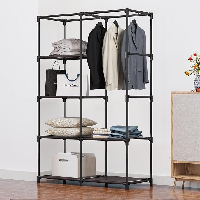 SORCEDAS Portable Closet Wardrobe Organizer Storage with Cover Non-Woben Fabric Portable Wardrobe Closet for Hanging Clothes Racks Shelving 33 Inch for Bedroom, Blue (Coffee, 33Inch) - Image 3