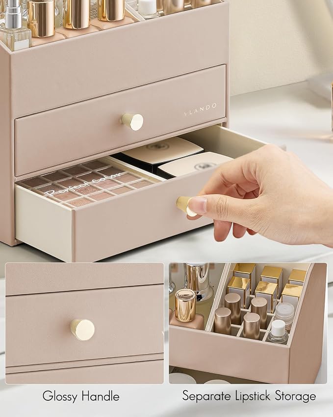 VLANDO Makeup Organizer for Vanity,Large Capacity Countertop Organizer with Drawers, PU Leather Cosmetic Display Case for Lipstick,Brushes,Skincare,Bedroom Storage (Toffee) - Image 3