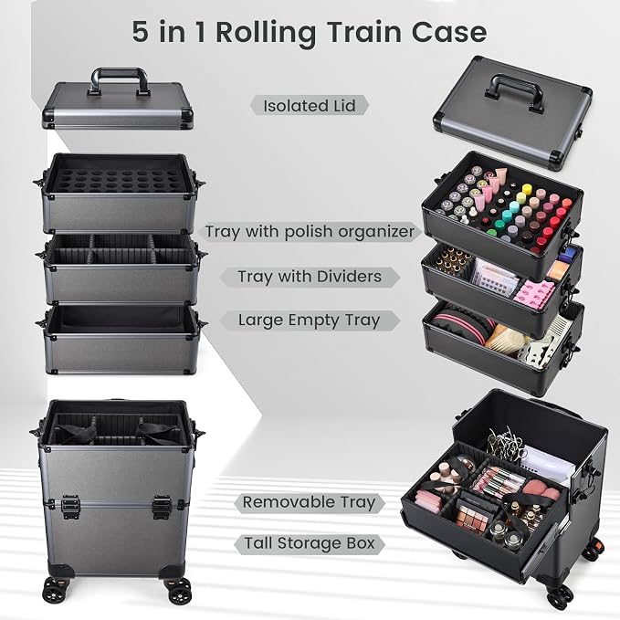 Yueieoun 5 in 1 Makeup Train Case, Cosmetology Case on Wheels Travel Make up Case Rolling Nail Cart Makeup Organizer Cosmetic Storage Box Cases Extra Large Trolley Truck, 360° Swivel Wheels, Ashy Grey - Image 2