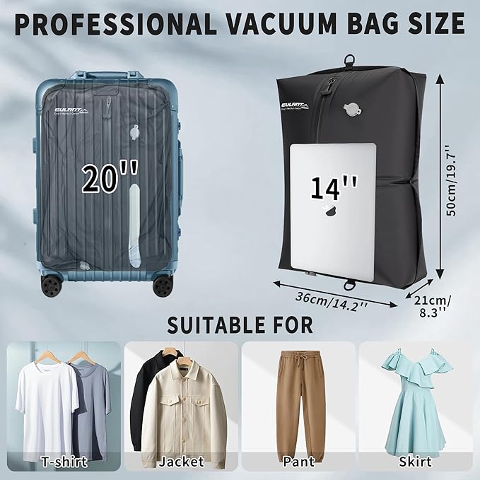 Eulant Travel Vacuum Bags with Pump,Professional IPX8 Waterproof Vacuum Compression Bag for Carry-On Suitcase & Travel Backpack,Space Saver Bags Packing Organizers(2 Pack,Dark Black) - Image 2