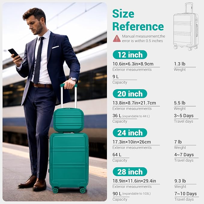 Kono Carry On Luggage Set Airline Approved with Spinner Wheels | Lightweight PC+ABS Carry On Suitcase with TSA Lock Durable Luggage Hardside Turquoise - Image 9