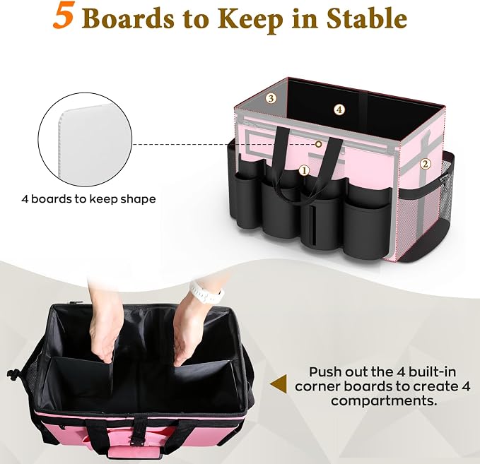 Cleaning Caddy with Wheels - Rolling Cleaning Caddy Bag with Detachable Trolley, Cleaning Caddy for Cleaning Supplies, Cleaning Bag for Housekeeping, Pink - Image 5