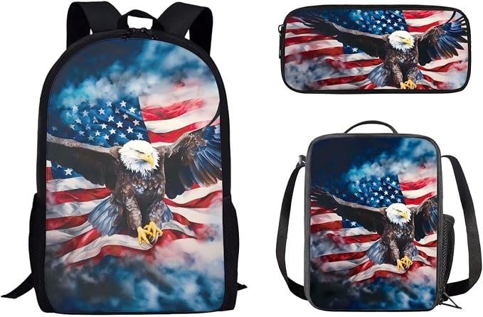 Mumeson Eagle Flag Kids Backpack for Boys Girls Preschool Backpack Schoolbag Lightweight School Backpack with Thermal Lunch Bag Box Portable Pencase Pencil Bag 3 Pieces by Mumeson