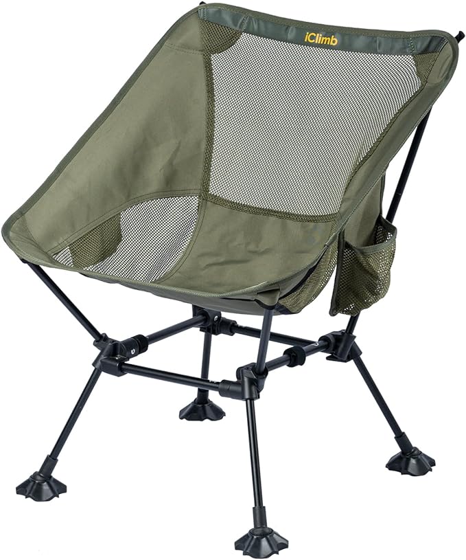 iClimb Ultralight Compact Camping Folding Beach Chair with Anti-Sinking Large Feet and Back Support Webbing (Green- Square Frame) by iClimb