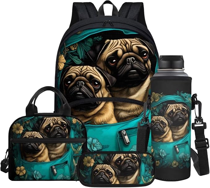 Pocket Pug Print Kid's Backpack Set with Lunch Bag & Pen Bag & Water Bottle Sleeve, 17 Inch Large Capacity School Bag 4 in 1 by Glomenade