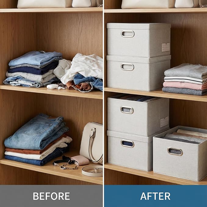 PRANDOM Storage Bins with Lids [3-Pack] Linen Fabric Foldable Storage Boxes Organizer Containers Baskets Cube with Cover for Bedroom Closet Office Beige（11.4X8.6X6.7 - Image 3