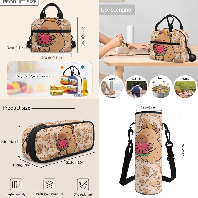 Capybara Watermelon Backpack Set for Kids, Brown School Bookbag for Girls Boys, 4 Pcs Travel Backpack Bookbag Lunch Box Pen Case Water Bottle Bag Fits 17" Laptop Knapsack Rucksack - Image 6