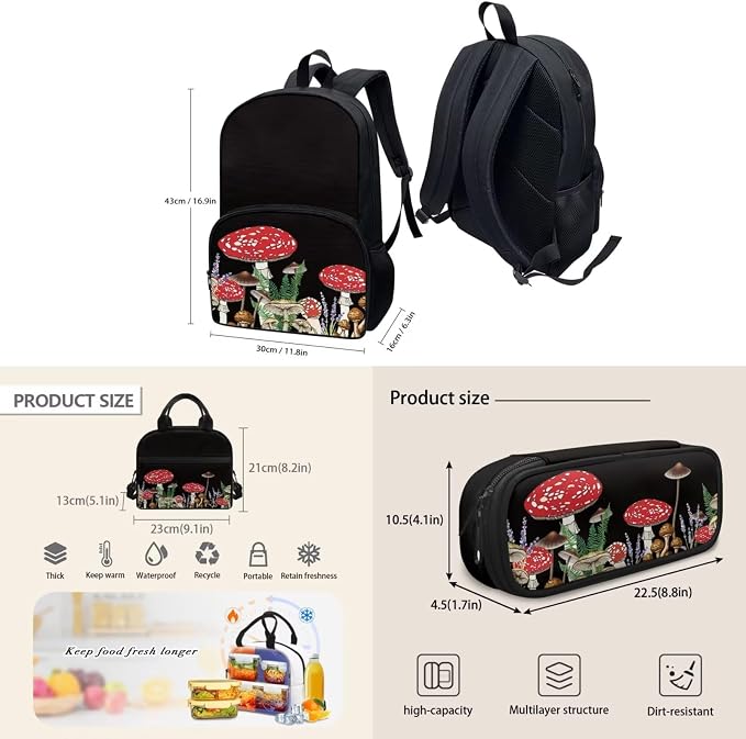 Black Mushroom Backpack Set for Girls Kids Lightweight Cute School Backpack with Lunch Box Pencil Case Adjustable Strap Padded Book Bag Insulated Lunch Bag - Image 4