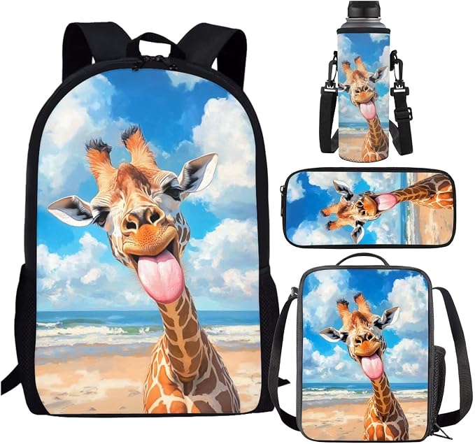 Funny Giraffe Backpack for School Girls 2nd Grade with Lunch Box Preppy Elementary Schoolbag and Lunchbox Set 4 in 1 Bookbag Lunch Bag Pencil Case Watter Bottle Carrier Back Pack Kids 6-8 by SCRAWLGODDreamWardrobe
