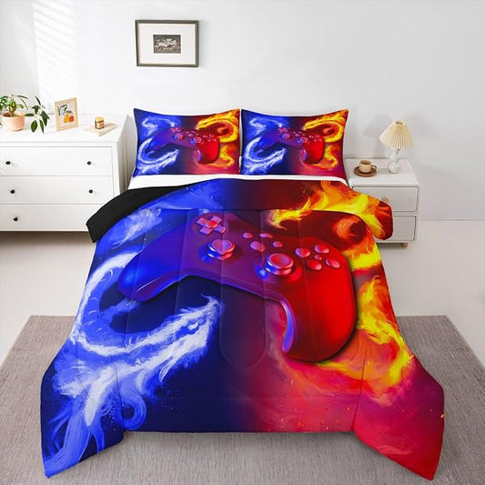 Ice Fire Dragon Comforter Set for Boys Teens Kids Gamer Games Room Decor Bedding Set Blue Red Gaming Gamepad Down Comforter ,Fairy Tale Animals Theme Room Decor 3Pcs Duvet Insert Queen Size,Soft by Erosebridal