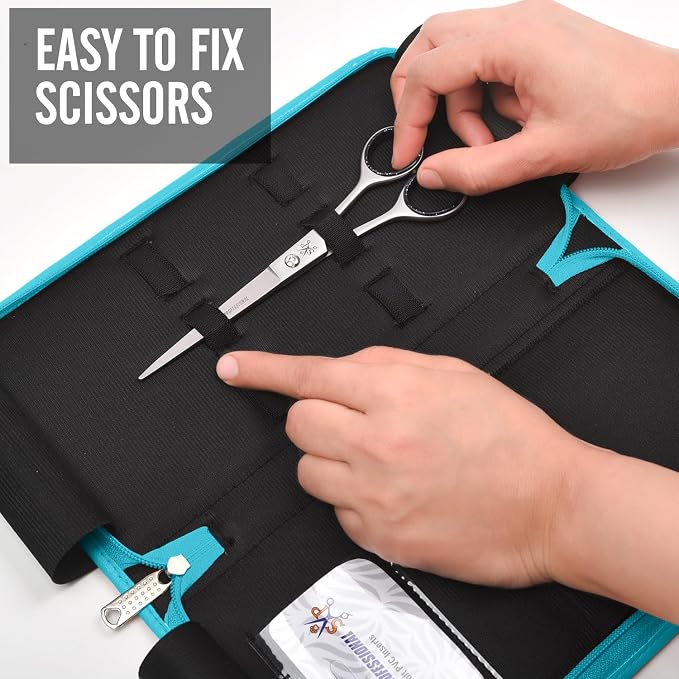 Leather 5 Scissor & Shear Storage Case for Hairstylist - Hairdresser -Scissor Holder Perfect for home-saloon use (TURQUOISE) - Image 3