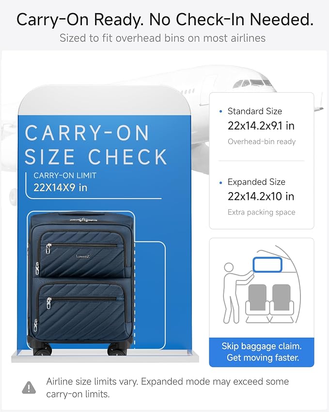 LUGGEX Carry On Luggage with Wheels, Expandable Soft Sided Rolling Suitcase with 8 Spinner Wheels & Aluminum Handle, Lightweight Travel Bag for Business Weekend Trip (UX-Core, Blue,20 Inch) - Image 2