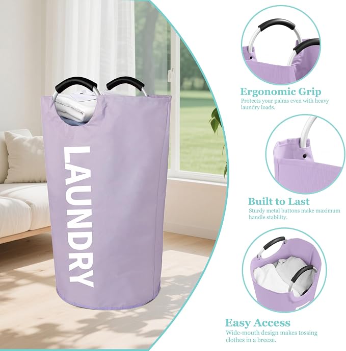 WOOHA 2 Pack 95L Laundry Hamper, Collapsible Laundry Basket with Padded Aluminum Handles, 600D Oxford Fabric Dirty Clothes Hamper, Collapsible Large Storage Bins for Dorm, Bedroom, Purple + Black - Image 2