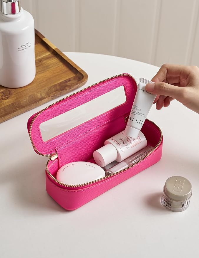 Popvibe Slim Makeup Brush Bag Travel Clear Toiletry Bag for Women Cute Make Up Bag for Traveling Cosmetic Bag Organizer Waterproof Tansparent Beauty Makeup Case Hot Pink - Image 2